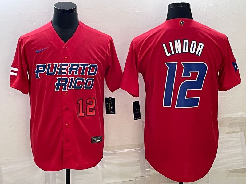 Men 2023 World Cub #12 Lindor Red Nike MLB Jersey1